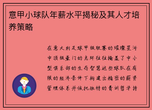意甲小球队年薪水平揭秘及其人才培养策略